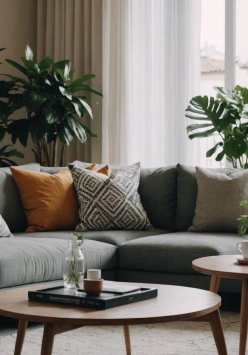 Modern living room with stylish sofa, coffee table, and decorative plants, showcasing perfect home decor.