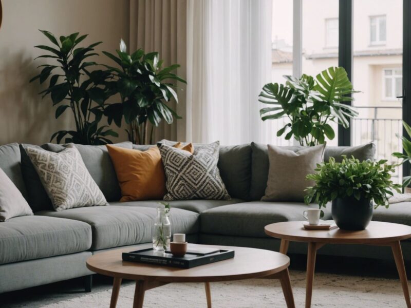 Modern living room with stylish sofa, coffee table, and decorative plants, showcasing perfect home decor.