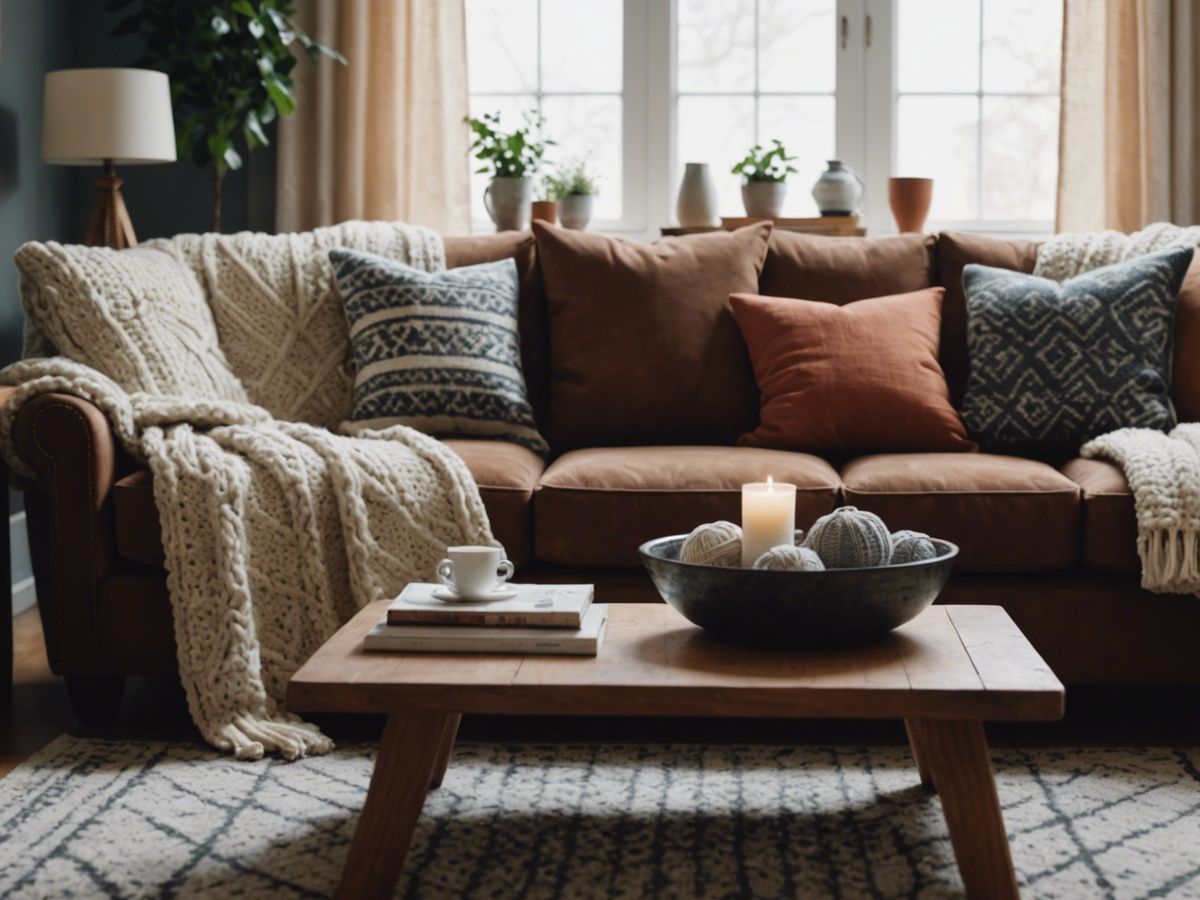 Living room with a mix of textures and patterns, featuring a patterned rug, textured pillows, and a knitted blanket.