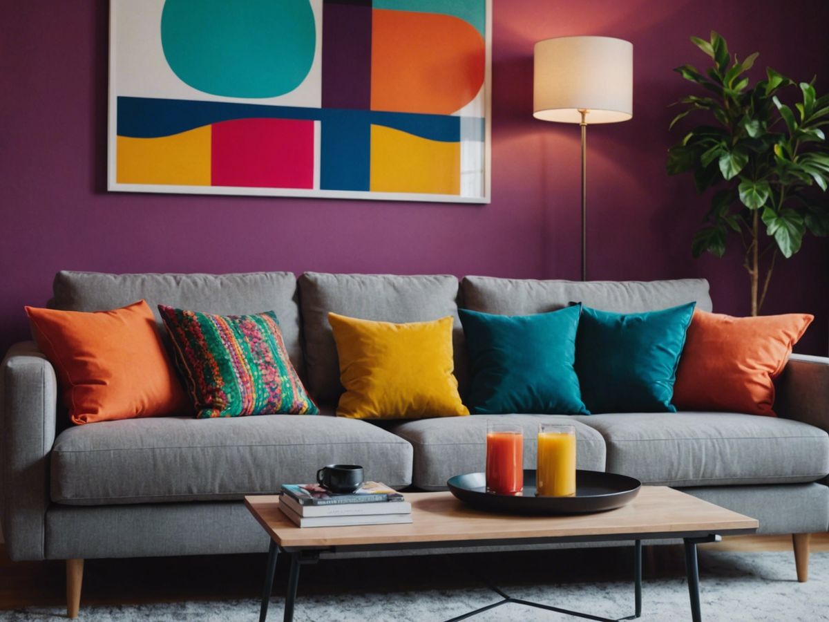 Modern living room with a stylish sofa, colorful cushions, coffee table, and vibrant wall art.