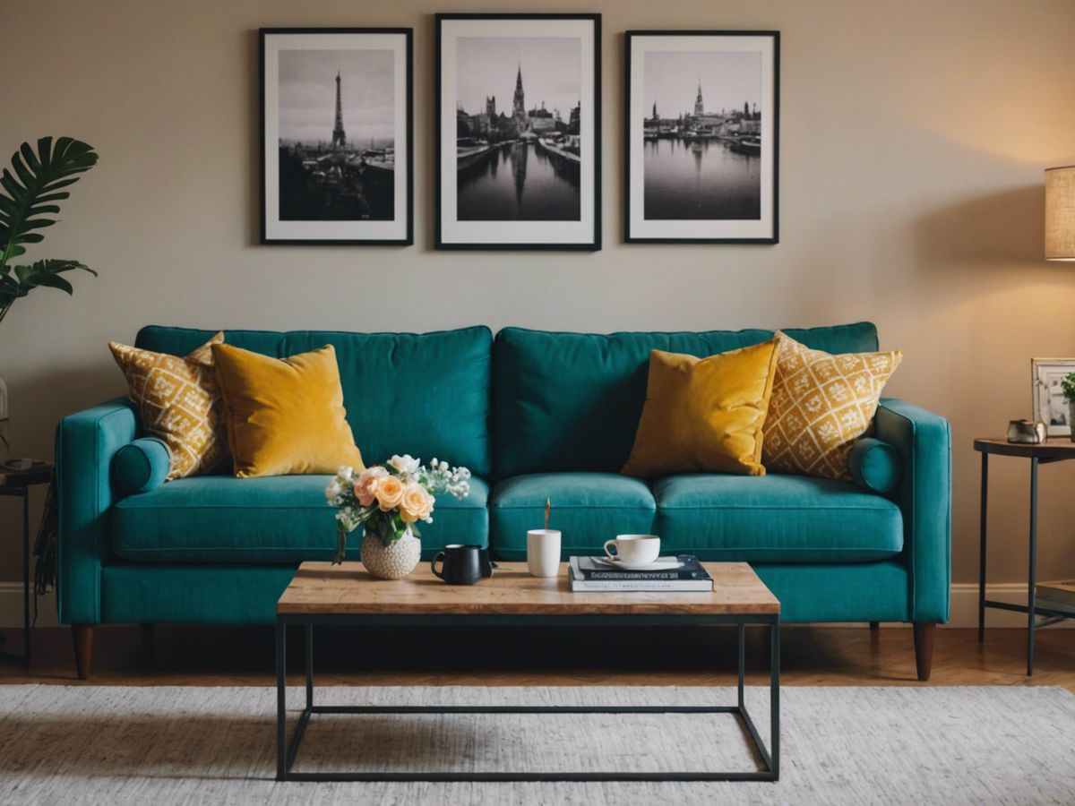 A cozy living room with modern and vintage decor, including a sofa, coffee table, and vibrant wall art.