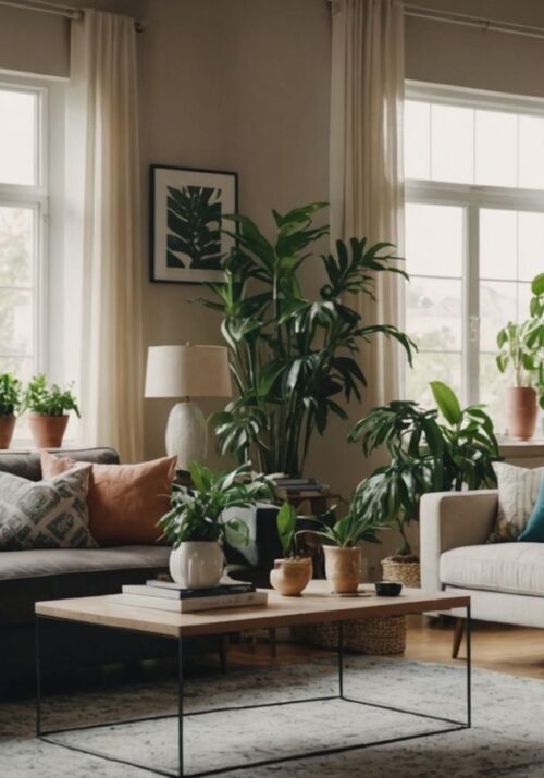 Living room with faux plants enhancing the decor.