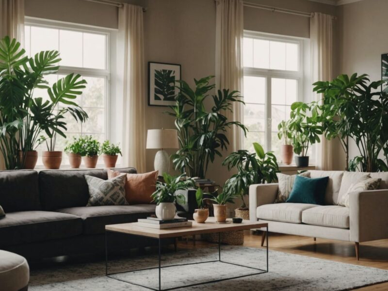 Living room with faux plants enhancing the decor.